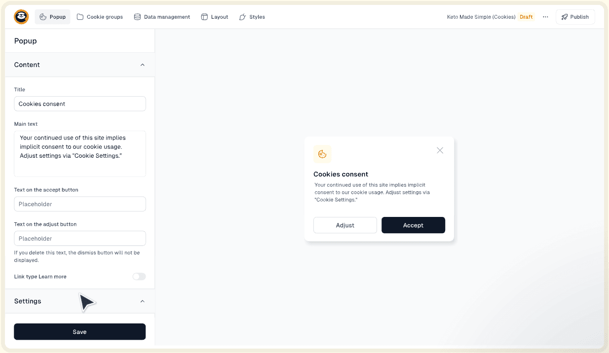 Trình chỉnh sửa Easycookie cho popup xin đồng ý cookie trên trang web