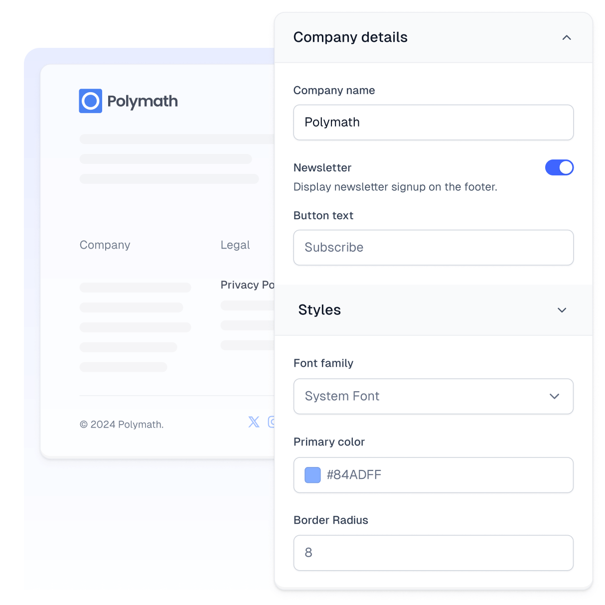 Website footer builder with legal links