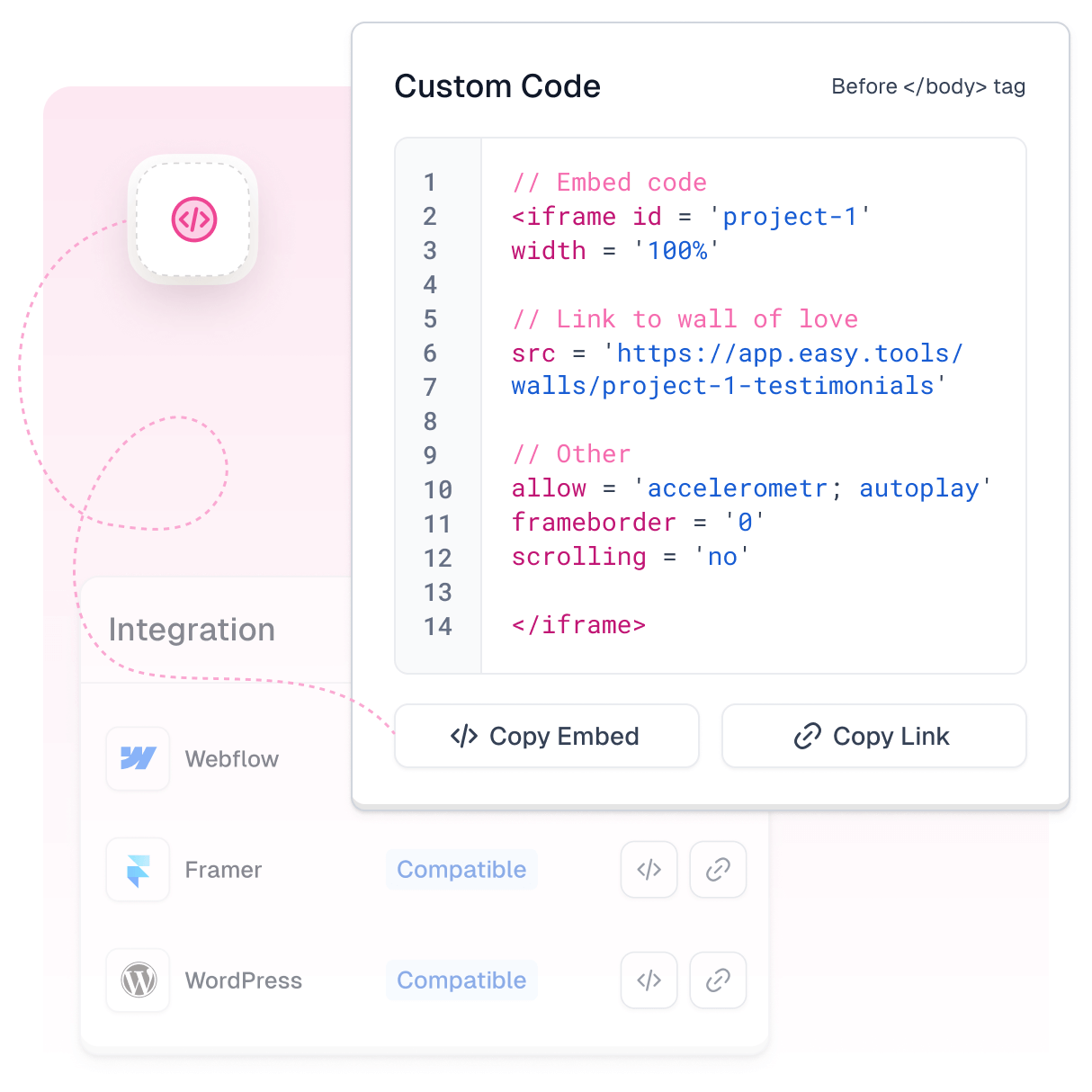Embedding testimonials with a code snippet