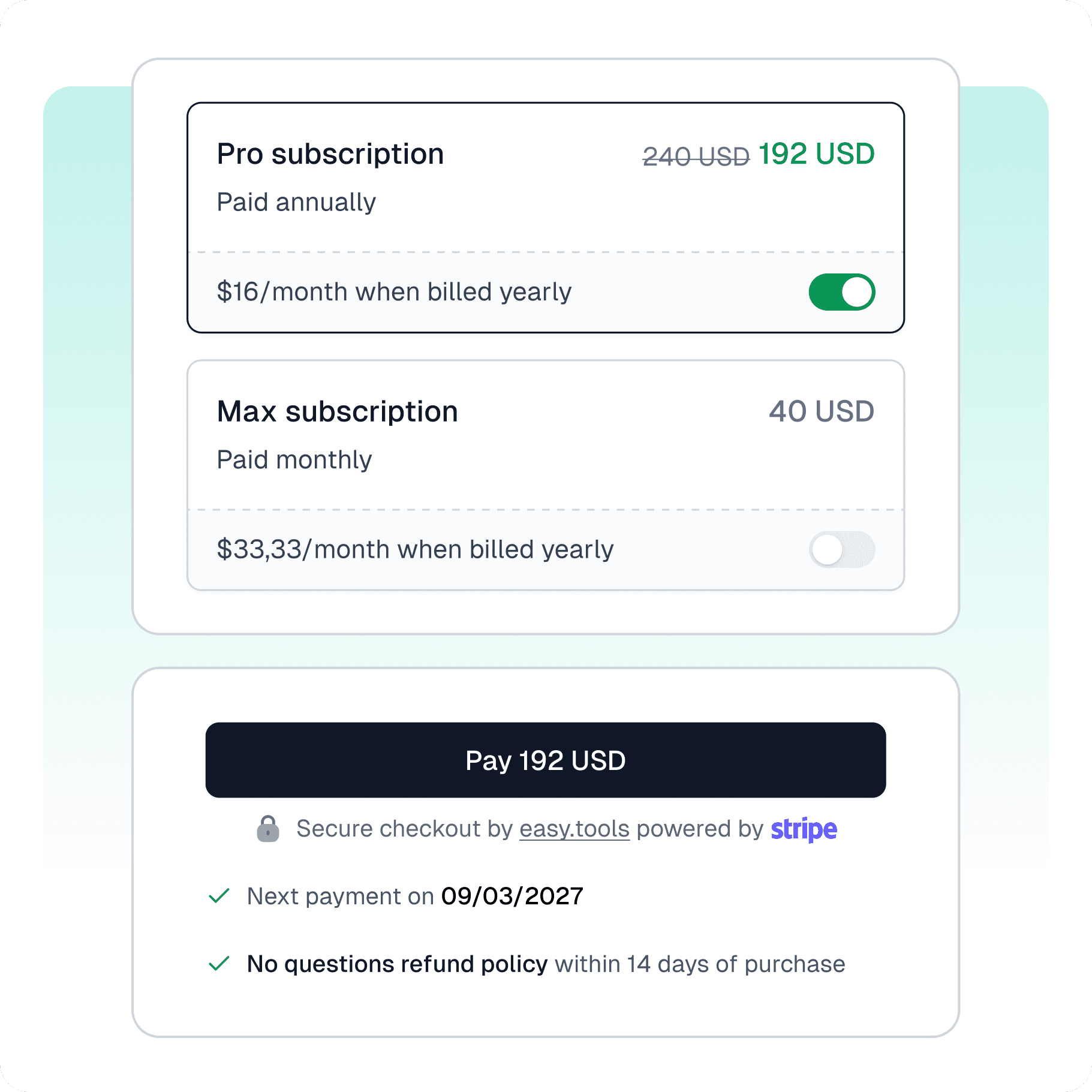 Giao diện gói đăng ký linh hoạt của Easycart