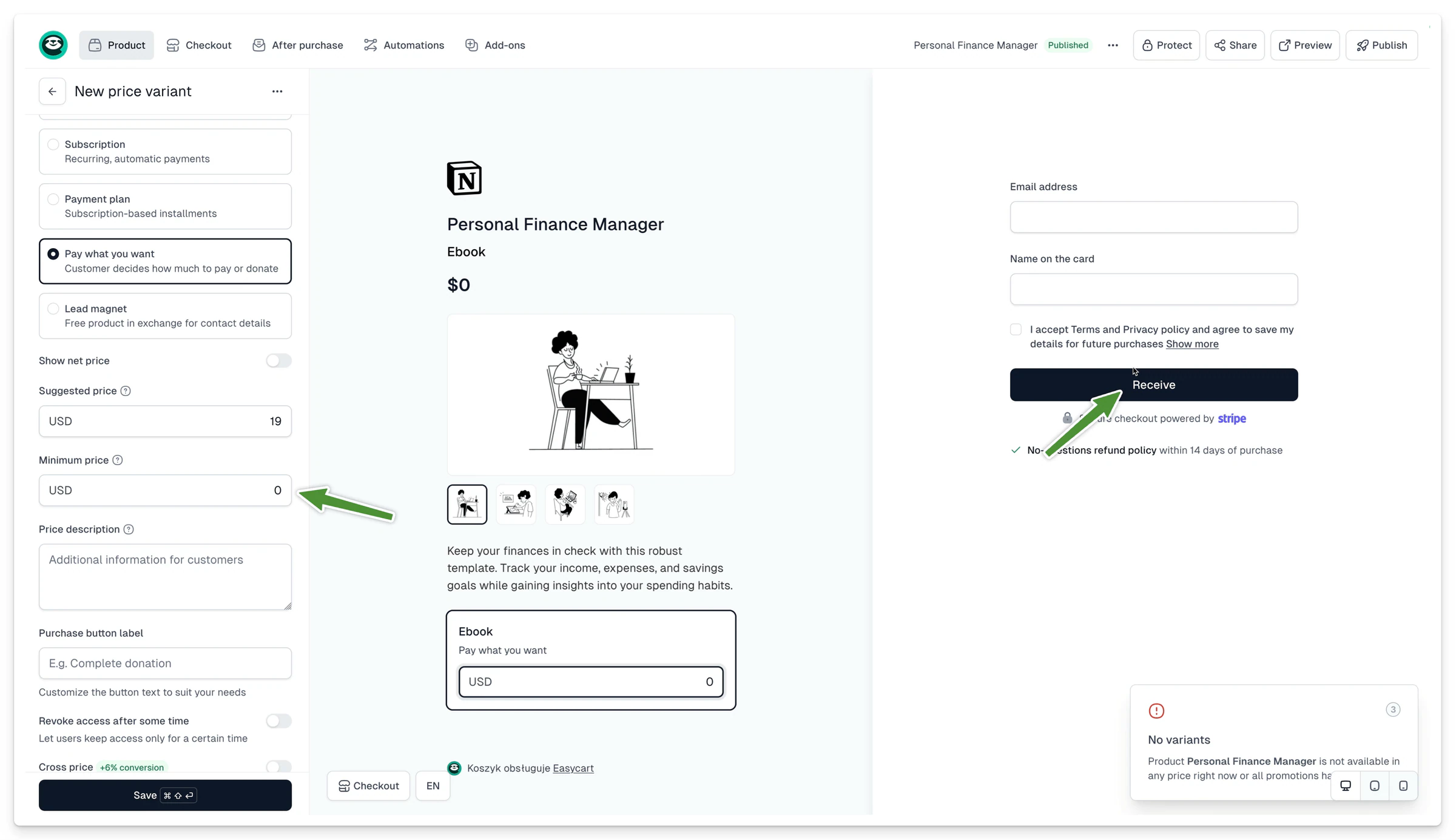 Checkout Trả theo mức bạn muốn với nút mua hàng đổi thành Nhận