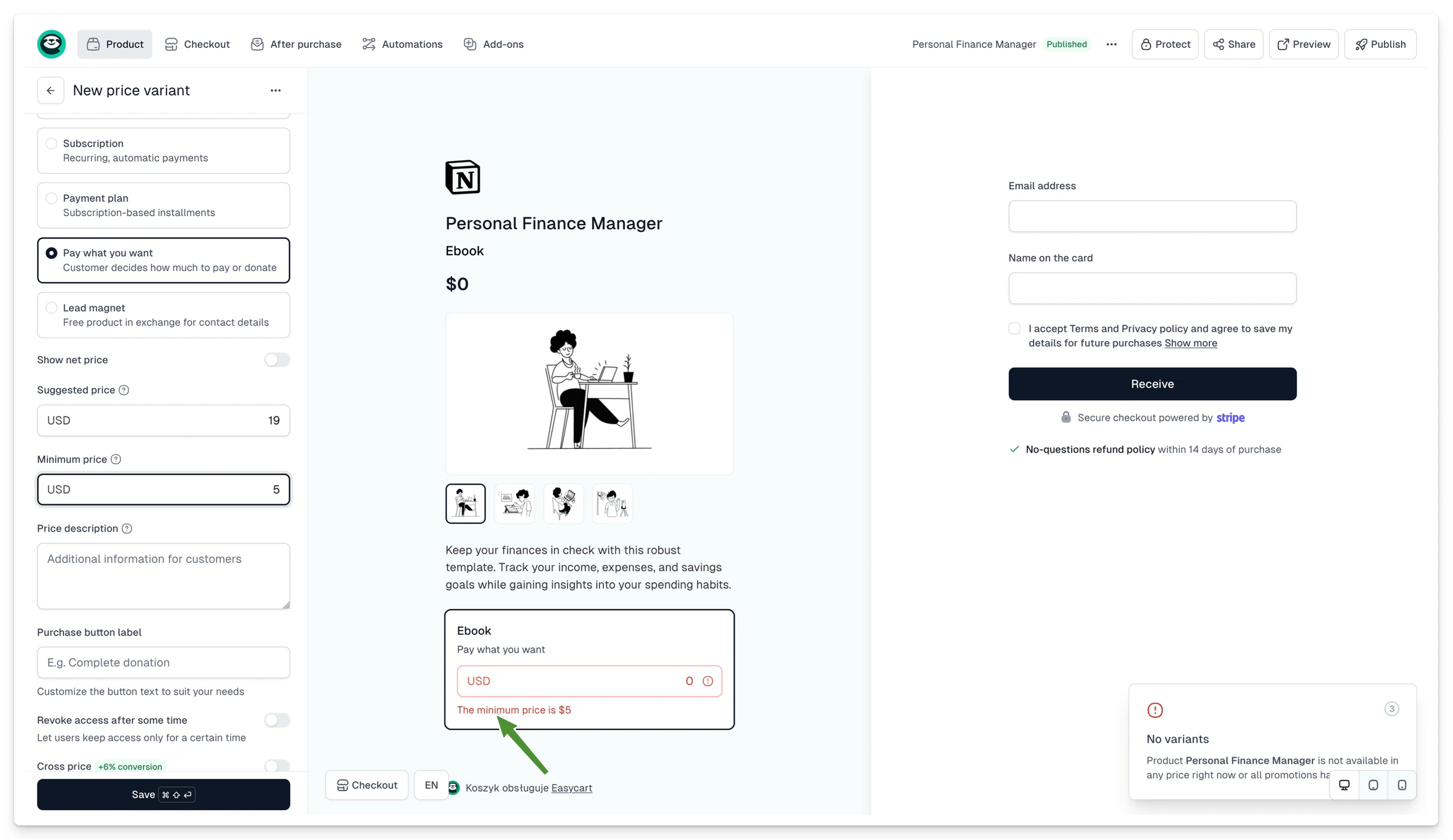 Thông báo hiển thị trong checkout khi khách hàng nhập số tiền thấp hơn mức tối thiểu